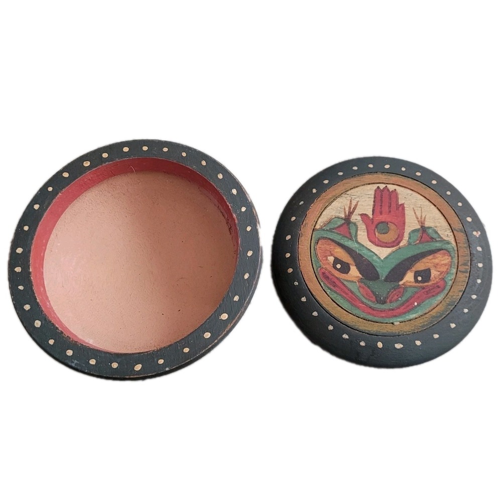Vintage Hand-Painted Wooden Trinket Box with Dual-Sided Lid Tribal Folk Art Frog